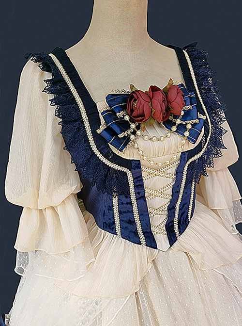 Snow White Series Dark Blue Short Flannel Palace-Style Design Decorative Beige Cross Straps Classic Lolita Pleated Lace Princess Blouse