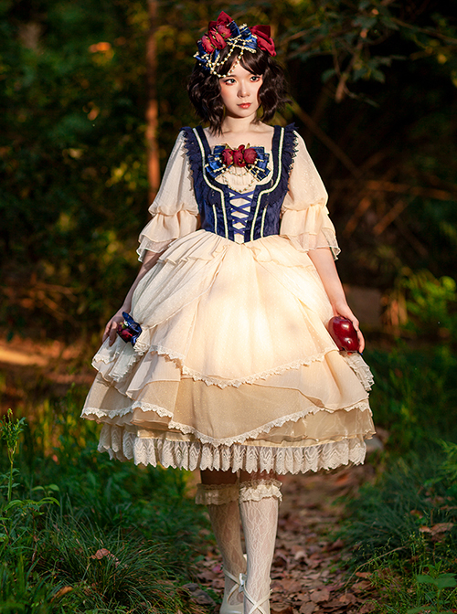 Snow White Series Dark Blue Short Flannel Palace-Style Design Decorative Beige Cross Straps Classic Lolita Pleated Lace Princess Blouse