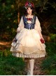 Snow White Series Dark Blue Short Flannel Palace-Style Design Decorative Beige Cross Straps Classic Lolita Pleated Lace Princess Blouse