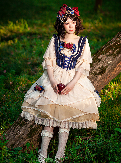 Snow White Series Dark Blue Short Flannel Palace-Style Design Decorative Beige Cross Straps Classic Lolita Pleated Lace Princess Blouse