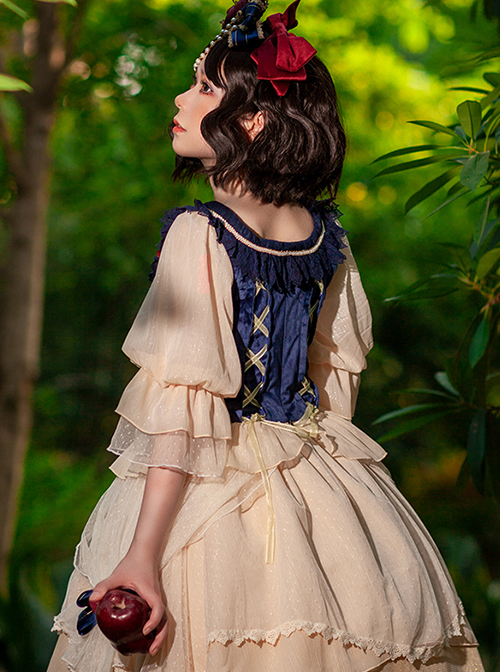 Snow White Series Dark Blue Short Flannel Palace-Style Design Decorative Beige Cross Straps Classic Lolita Pleated Lace Princess Blouse