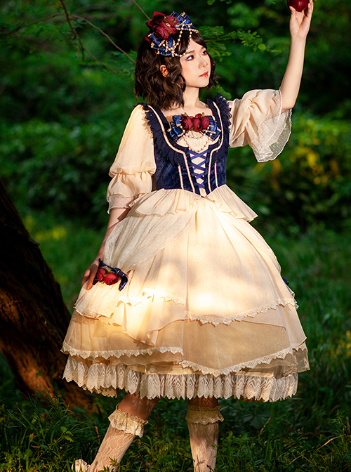 Snow White Series Dark Blue Short Flannel Palace-Style Design Decorative Beige Cross Straps Classic Lolita Pleated Lace Princess Blouse