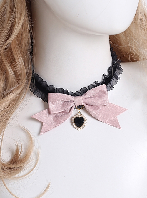 Sweet Solid Color Bow Knot Heart Jewelry Design Black Lace Cute Maid Classic Lolita Necklace