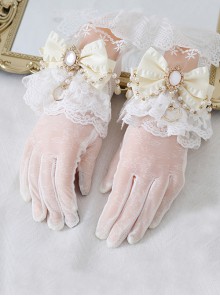 Lace Bow Knot Pearl Chain Decoration Metal Heart Shape Vintage Jewelry Decoration Classic Lolita Gloves