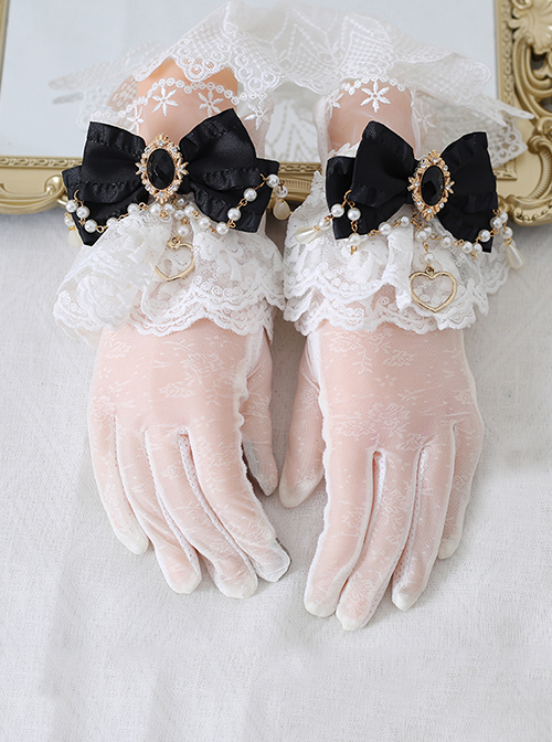 Lace Bow Knot Pearl Chain Decoration Metal Heart Shape Vintage Jewelry Decoration Classic Lolita Gloves