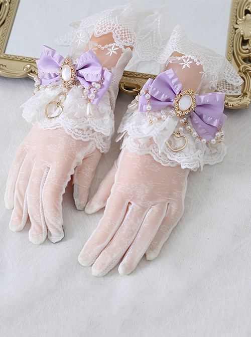 Lace Bow Knot Pearl Chain Decoration Metal Heart Shape Vintage Jewelry Decoration Classic Lolita Gloves