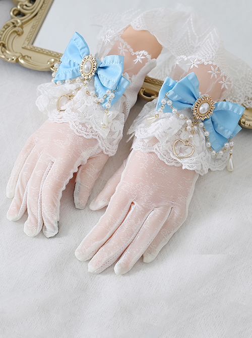 Lace Bow Knot Pearl Chain Decoration Metal Heart Shape Vintage Jewelry Decoration Classic Lolita Gloves