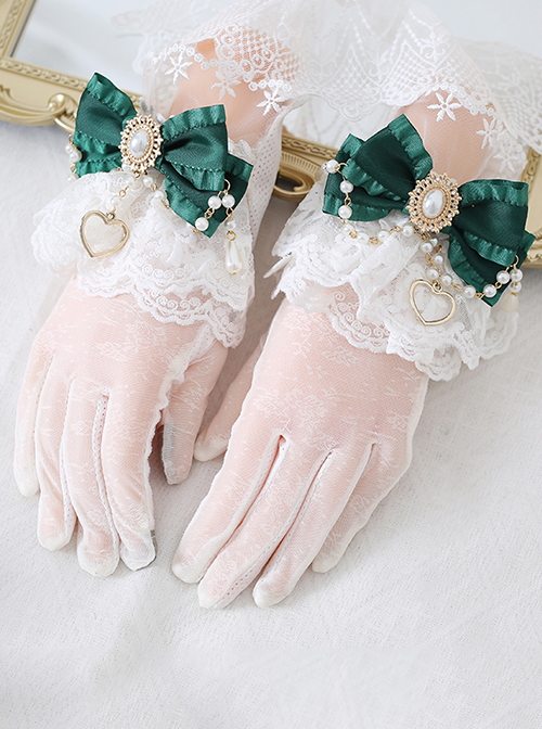 Lace Bow Knot Pearl Chain Decoration Metal Heart Shape Vintage Jewelry Decoration Classic Lolita Gloves