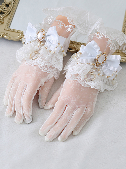 Lace Bow Knot Pearl Chain Decoration Metal Heart Shape Vintage Jewelry Decoration Classic Lolita Gloves