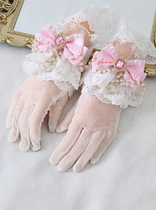 Lace Bow Knot Pearl Chain Decoration Metal Heart Shape Vintage Jewelry Decoration Classic Lolita Gloves