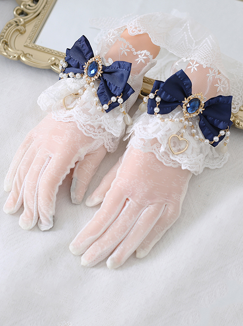 Lace Bow Knot Pearl Chain Decoration Metal Heart Shape Vintage Jewelry Decoration Classic Lolita Gloves