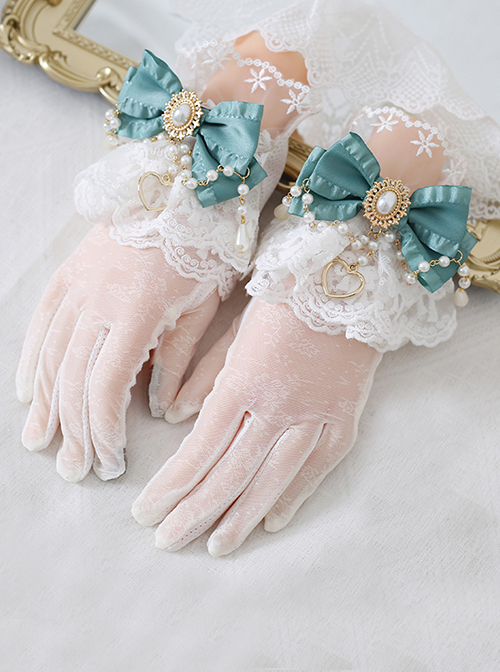 Lace Bow Knot Pearl Chain Decoration Metal Heart Shape Vintage Jewelry Decoration Classic Lolita Gloves