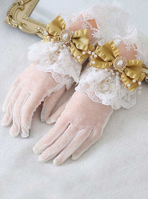 Lace Bow Knot Pearl Chain Decoration Metal Heart Shape Vintage Jewelry Decoration Classic Lolita Gloves