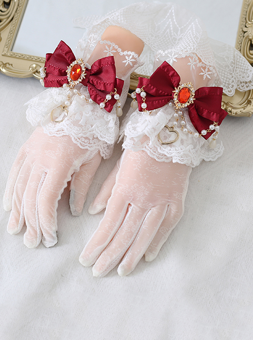 Lace Bow Knot Pearl Chain Decoration Metal Heart Shape Vintage Jewelry Decoration Classic Lolita Gloves