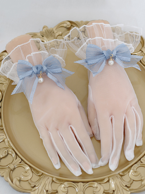 Elegant Lace Pleats Lace Bow Knot Pearl Chain Decoration Classic Lolita Vintage Gloves