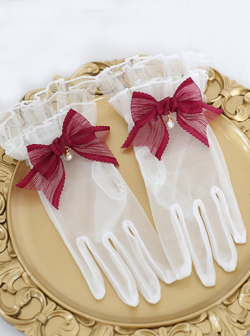 Elegant Lace Pleats Lace Bow Knot Pearl Chain Decoration Classic Lolita Vintage Gloves