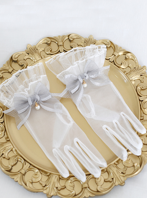 Elegant Lace Pleats Lace Bow Knot Pearl Chain Decoration Classic Lolita Vintage Gloves