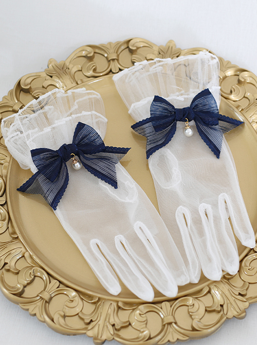 Elegant Lace Pleats Lace Bow Knot Pearl Chain Decoration Classic Lolita Vintage Gloves