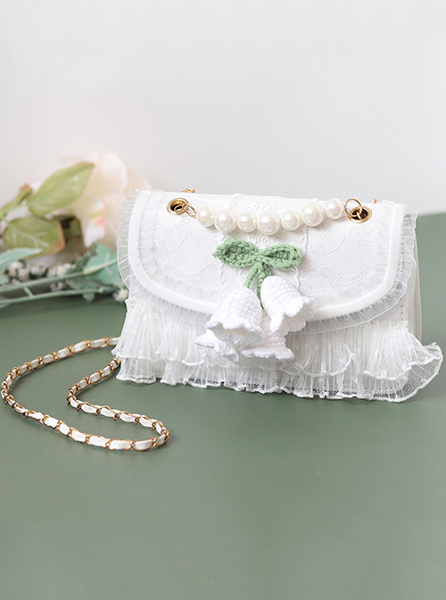 Japanese Style Pure White Fresh Girls Braided Wind Chimes Flower Decoration Jacquard Lace Classic Lolita Bag