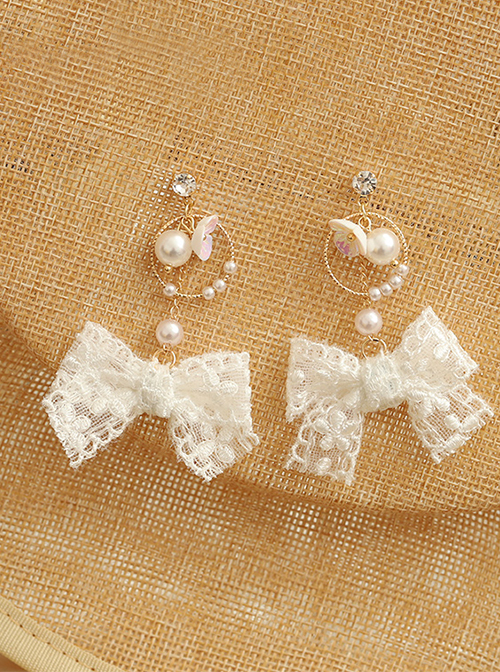 Classic Lolita Bow Knot Lace Delicate Pearl Butterfly Charm Metal Earrings