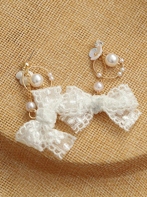 Classic Lolita Bow Knot Lace Delicate Pearl Butterfly Charm Metal Earrings