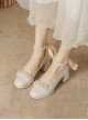 Classic Lolita Exquisite Glossy Leather French Pleated Lace Trim Pearl Chain Embellished High Heels