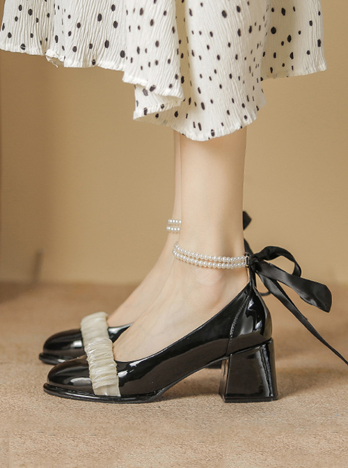 Classic Lolita Exquisite Glossy Leather French Pleated Lace Trim Pearl Chain Embellished High Heels