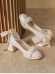 Classic Lolita Exquisite Glossy Leather French Pleated Lace Trim Pearl Chain Embellished High Heels