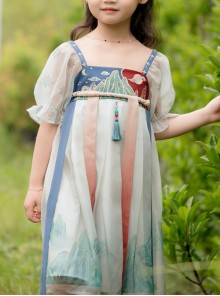 Chinese Style Exquisite Mountain And River Element Embroidery Tassel Pendant Puff Sleeves Kid HanFu Dress