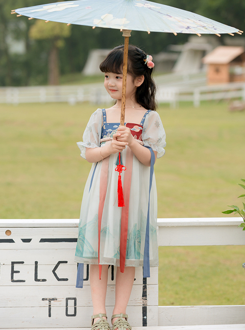 Chinese Style Exquisite Mountain And River Element Embroidery Tassel Pendant Puff Sleeves Kid HanFu Dress