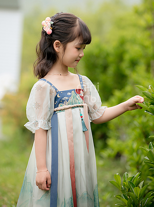 Chinese Style Exquisite Mountain And River Element Embroidery Tassel Pendant Puff Sleeves Kid HanFu Dress