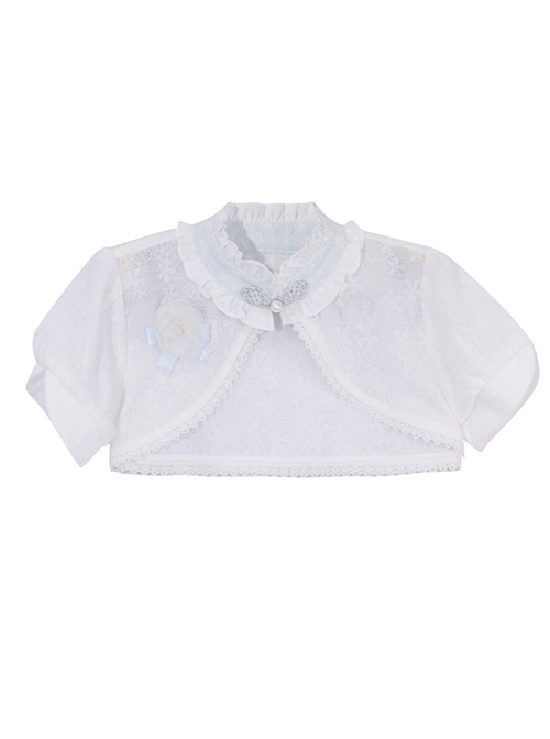 Pure White Jacquard Embroidered Pearl Trim Classic Lolita Stand Collar Kid Shawl Coat