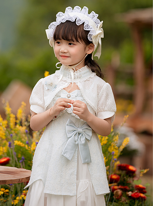 Pure White Jacquard Embroidered Pearl Trim Classic Lolita Stand Collar Kid Shawl Coat