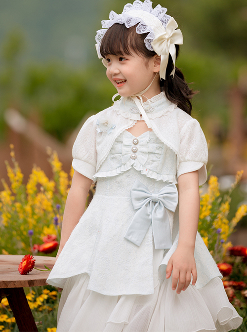 Pure White Jacquard Embroidered Pearl Trim Classic Lolita Stand Collar Kid Shawl Coat