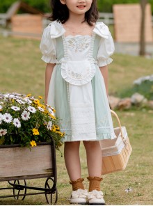 Exquisite Flower Embroidery Chest Ruffled Edge Apron Decoration Bow Knot Puff Sleeves Classic Lolita Kid Princess Dress