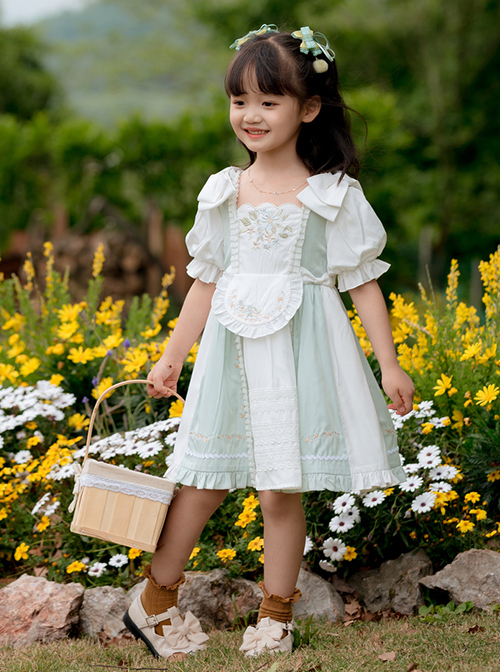 Exquisite Flower Embroidery Chest Ruffled Edge Apron Decoration Bow Knot Puff Sleeves Classic Lolita Kid Princess Dress
