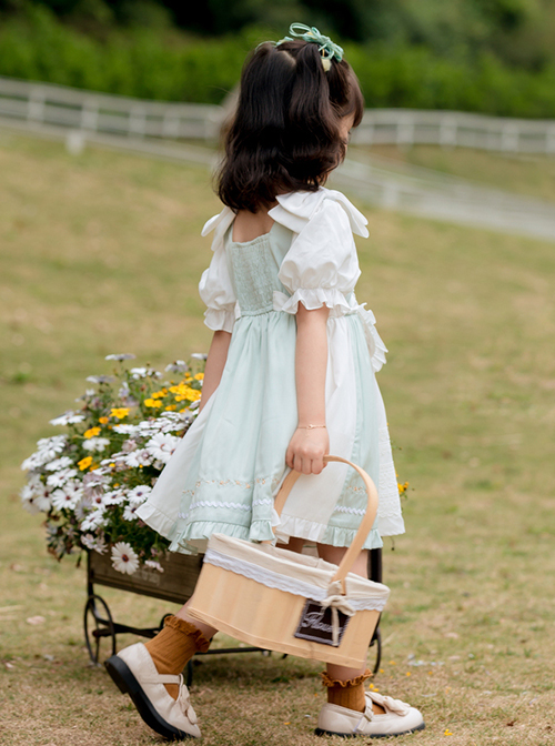 Exquisite Flower Embroidery Chest Ruffled Edge Apron Decoration Bow Knot Puff Sleeves Classic Lolita Kid Princess Dress