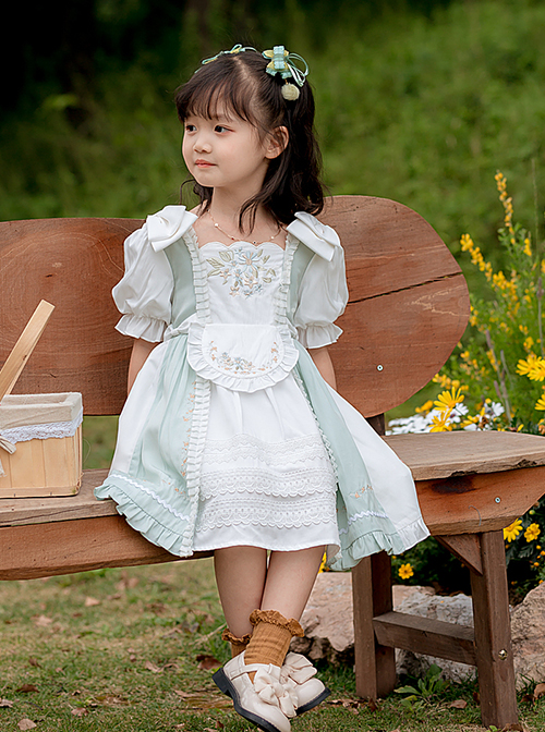 Exquisite Flower Embroidery Chest Ruffled Edge Apron Decoration Bow Knot Puff Sleeves Classic Lolita Kid Princess Dress