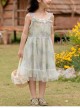 Summer Fresh And Cute Floral Rabbit Pattern Print Crinkled Tulle Trim Bow Knot Pearl Classic Lolita Kid Long Slip Dress