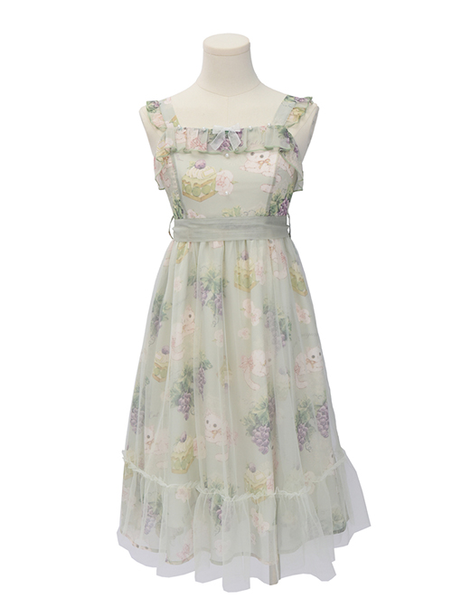 Summer Fresh And Cute Floral Rabbit Pattern Print Crinkled Tulle Trim Bow Knot Pearl Classic Lolita Kid Long Slip Dress
