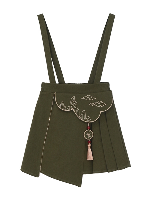 Dark Green Chinese Style Improved Hanfu Exquisite Pattern Embroidery Design Tassel Pendant Decoration Kid Skirt