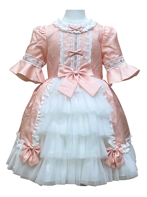 Court-Style Pink Bow Decoration Pleated Lace Classic Lolita Trumpet Sleeve Kid Fluffy Princess Cake Dress