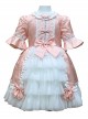 Court-Style Pink Bow Decoration Pleated Lace Classic Lolita Trumpet Sleeve Kid Fluffy Princess Cake Dress