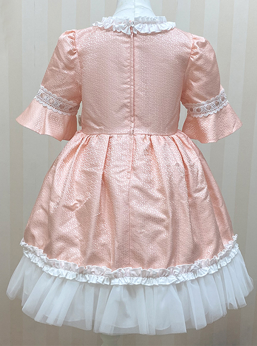 Court-Style Pink Bow Decoration Pleated Lace Classic Lolita Trumpet Sleeve Kid Fluffy Princess Cake Dress