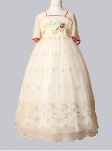 Chinese Style Exquisite Antique Flower Embroidery White Jacquard Silk Trim Improved HanFu Kid Princess Dress