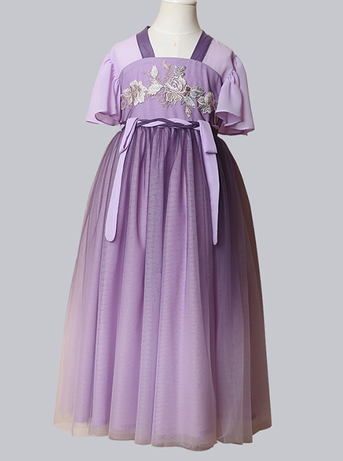 Elegant Purple Silk Yarn Chinese Style Exquisite Antique Flower Embroidery Improved HanFu Kid Princess Dress