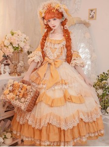 Flower Garden Series OP Apricot Yellow Pastoral Retro Girl Style Delicate Lace Jacquard Trim Classic Lolita Short Sleeve Dress