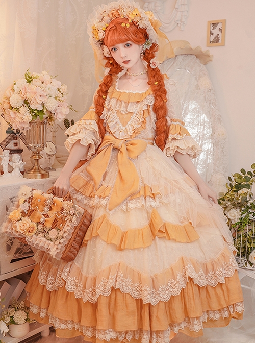 Flower Garden Series OP Apricot Yellow Pastoral Retro Girl Style Delicate Lace Jacquard Trim Classic Lolita Short Sleeve Dress