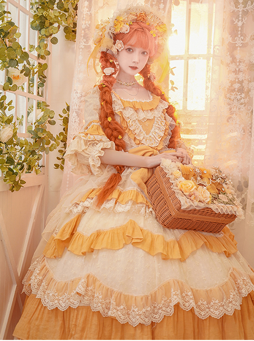 Flower Garden Series OP Apricot Yellow Pastoral Retro Girl Style Delicate Lace Jacquard Trim Classic Lolita Short Sleeve Dress