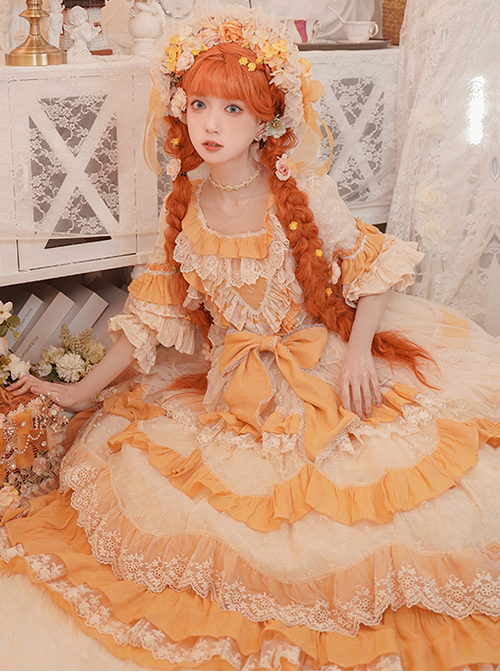 Flower Garden Series OP Apricot Yellow Pastoral Retro Girl Style Delicate Lace Jacquard Trim Classic Lolita Short Sleeve Dress